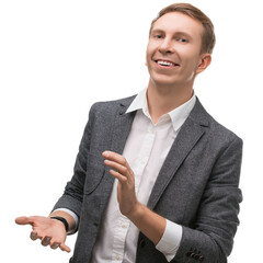 Smiling man in suit offering presentation with confident body language