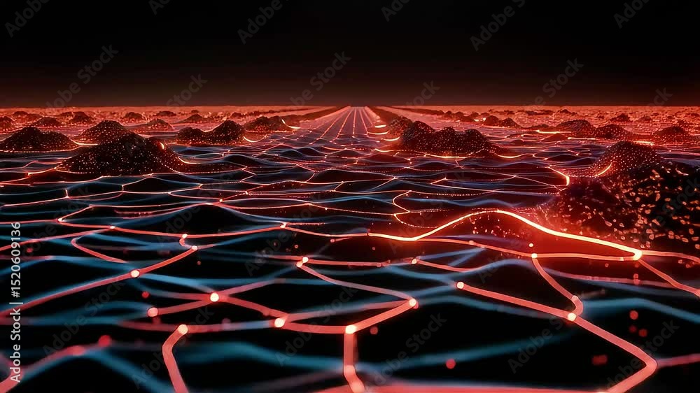 Poster glowing network across lava-like terrain