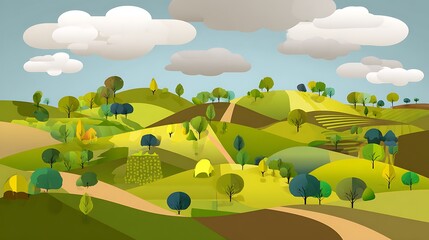 Cartoon rural landscape with rolling hills