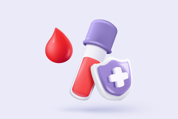 3d blood drop with medical sign with protection plus. World Blood donor day, healthcare, hematology, medicine minimal concepts. 3d medical icon vector with shadow render illustration