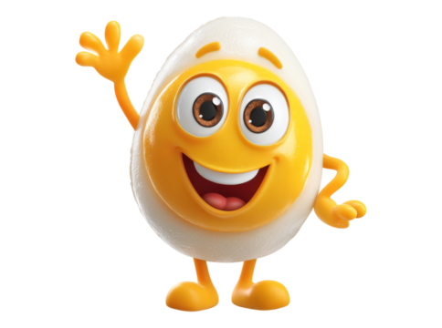 Happy boiled egg cartoon character waving hello, On Transparent Background, Png - Powered by Adobe