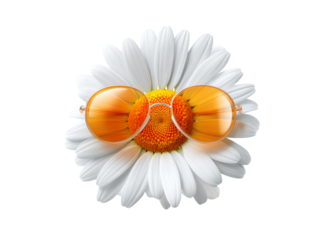 Retro sunglasses resting on a blooming daisy flower, On Transparent Background, Png