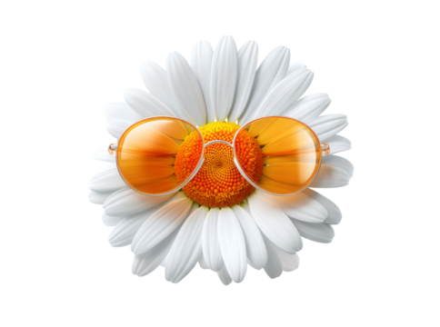 Retro sunglasses resting on a blooming daisy flower, On Transparent Background, Png