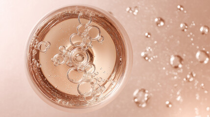 Rose sparkling wine glass with elegant bubbles, soft shadows on pink background - celebration and luxury in a delicate moment