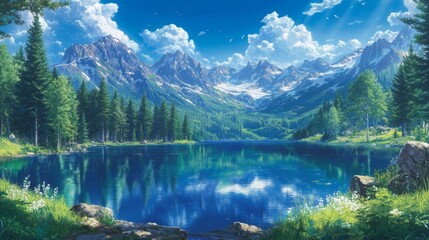 Serene Mountain Lake Landscape with Blue Water and Green Trees