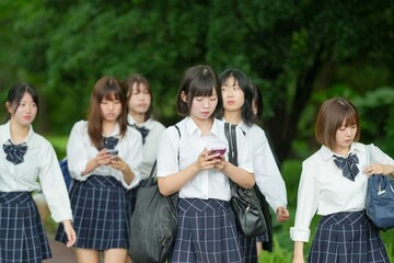 In early summer in Shanghai's Pudong district, seven Japanese high school girls in summer uniforms walk together along a tree-lined city street toward school, smiling as they go, seen from behind.
