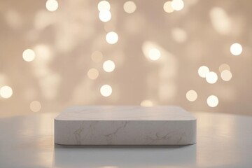 Minimalist display table with bokeh lights for product presentation concept