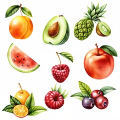 Fruits for healthy life A vibrant assortment of fresh fruits including peaches, raspberries, and blueberries scattered on a white background, showcasing their natural colors and textures.
