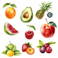 Fruits for healthy life A vibrant assortment of fresh fruits including peaches, raspberries, and blueberries scattered on a white background, showcasing their natural colors and textures.
