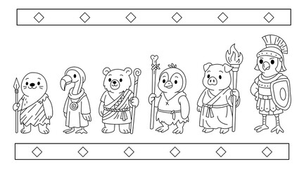 Animal warriors and fantasy characters line art, cute ancient cartoon style line drawing, history themed outfits.