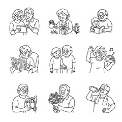 Senior lifestyle activities line art collection, set of elderly people enjoying daily routine and spending time with family.