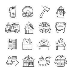 Collection of firefighting equipment and safety icons, cute outline clipart and symbols, hand drawn line art set illustrations.