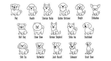 Collection of cute dog breed illustrations, black and white line art set, cute hand drawn doodle characters.