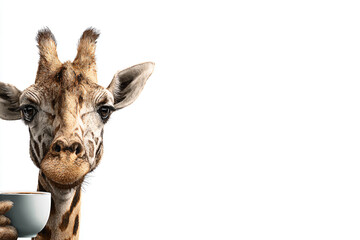 a giraffe is holding a cup of coffee