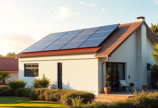 Modern home with rooftop solar panels actively generating clean energy,  eco-friendly,  photovoltaic