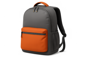 Sleek gray backpack sporting vibrant orange pocket, offering versatile storage for urban commuting and campus life