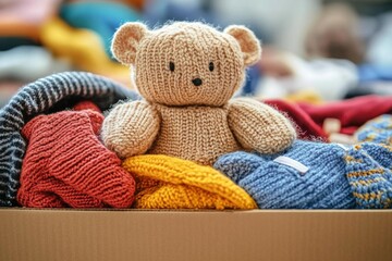 Cozy Knitted Things, A Teddy and Hats in a Box for Donation Drive