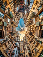 Distorted cityscape with fragmented streets and buildings