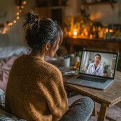 Young Asian woman in a warm home setting consulting a doctor via video call