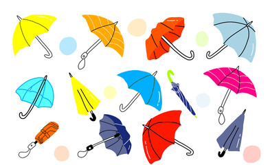 Vector set of vibrant umbrellas with simple minimal lines and fun background