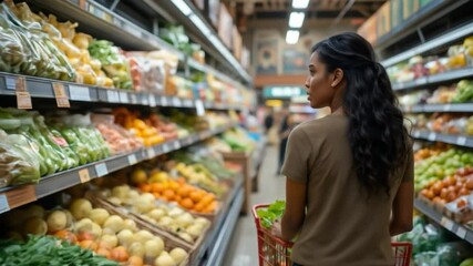 A Black Woman, Shopping In A Grocery Store Aisle Filled With Farm Produce And Fresh Food, Represents Consumer Choice, Lifestyle, Healthy Eating, And Nutrition. 4k video - Powered by Adobe