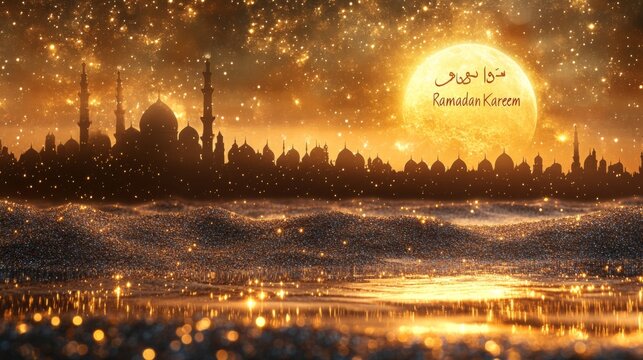 Golden Cityscape Silhouette Under a Sparkling Night Moon