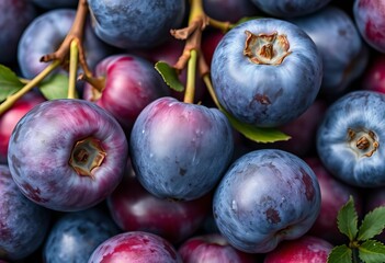 Obraz premium Ripe blue and violet plums, textured skin, fresh harvest, close-up shot, organic
