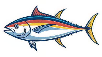 Graphic vector of a tuna fish in bright, primary colors for use in mascots, signage, or food packaging.