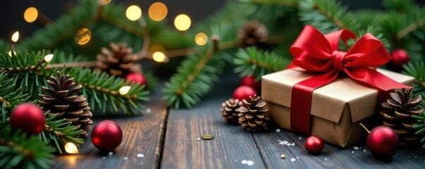 Scattered pine cones, wrapped gifts, lush fir boughs, warm Christmas backdrop , gift boxes, natural background, winter background