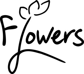 Illustration of a flower with the word flowers incorporated into the design featuring CMYK colors grayscale elements and fonts like Helvetica