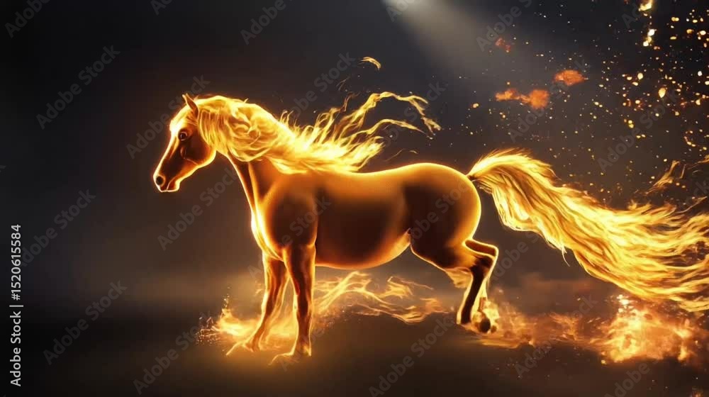 Aufkleber majestic glowing horse with fiery mane and tail gallops through flames against dark background, crea
