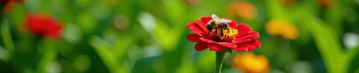 Single red zinnia, bee in focus, lush green leaves Perfect for garden themes , nature background, floral design