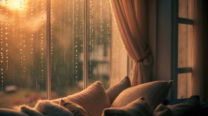 decor inspired indoor home view showing couch pillows rain covered glass and soft light warm afternoon vibe aesthetic interior design wallpaper background