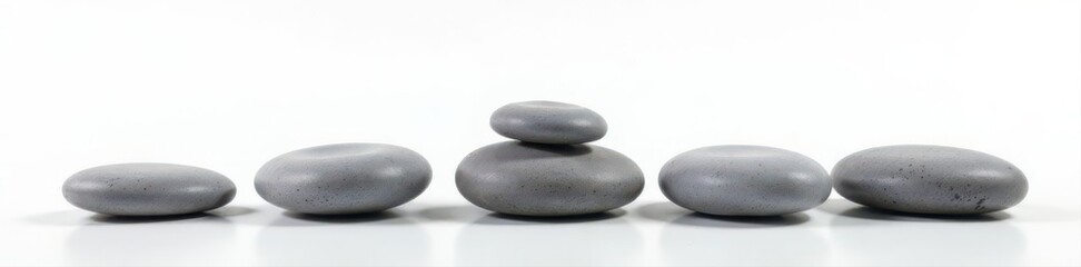 Fototapeta premium Smooth grey zen stones arranged on pure white background, ample copy space , overhead, background