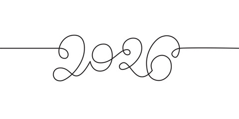 One continuous line 2026 illustration. Editable stroke vector design element. New year handwritten doodle numbers isolated.