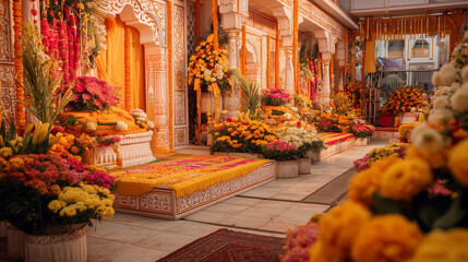 Festival Hari Baba Hari Singh Ji Maharaj, dekorasi kuil yang semarak, dan bunga selama Hari Baba Hari Singh Ji Maharaj, Ai menghasilkan gambar