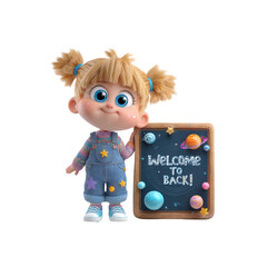 Adorable 3D Cartoon Girl Welcoming Back to School with Space-Themed Blackboard