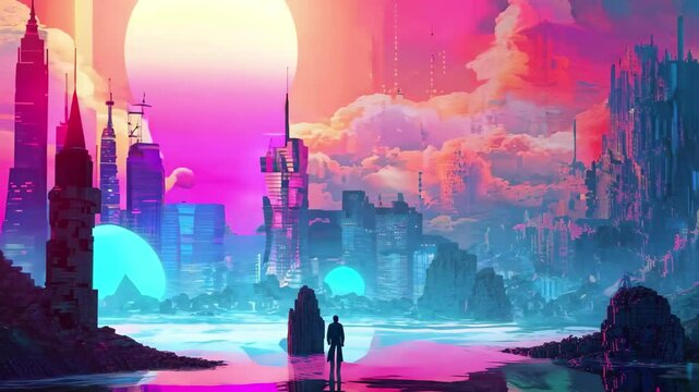 Exploring an inverted reality of a pixelated dreamscape with vibrant colors, soaring structures, and serene waters under a surreal sky during twilight