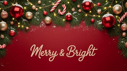 A Festive Christmas Border: Red Background, Ornaments, and Evergreen Branches with 'Merry & Bright' Greeting