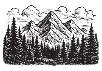 Fototapeta premium Simple line drawing of pine forest and mountain minimalist nature art.