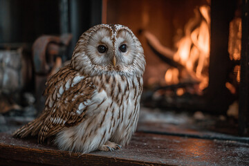 a small owl sitting on a wooden table