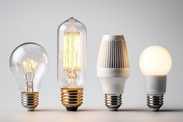 Four illuminated light bulbs of varying shapes and styles, showcasing a progression in lighting technology, displayed against a neutral backdrop