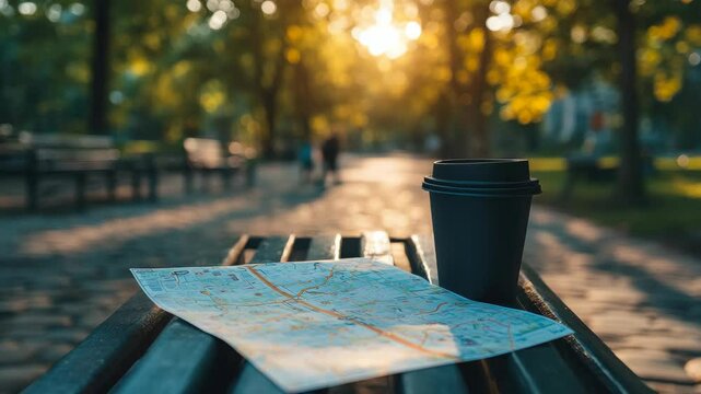 Coffee Cup and Road Map on a Wooden Bench at Beautiful Park Path with Sunlight Spot and Tranquil Scene For Urban Explorer and Park Goer