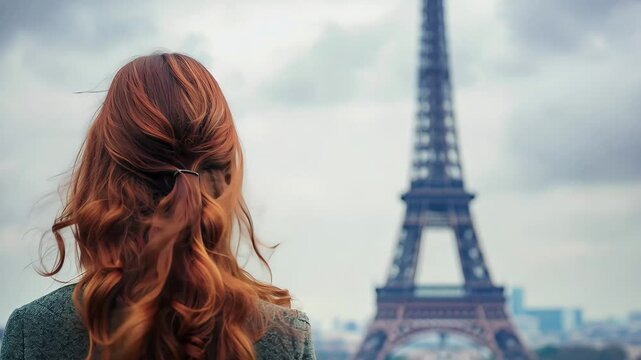 A young woman gazes at the Eiffel Tower while enjoying a cloudy day in Paris, capturing the iconic skyline and her contemplative moment