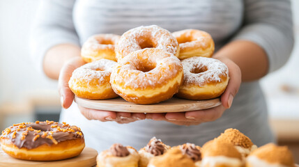 A person holds a variety of colorful donuts, symbolizing indulgence, high sugar intake, and the temptation of unhealthy eating habits.