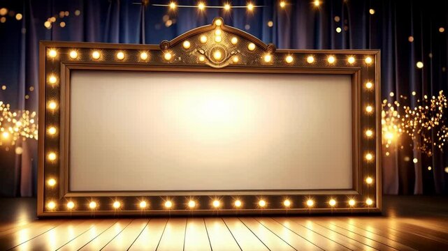 Vintage frame adorned with glowing lights against stage curtain background with reflective wood floor and festive party string lights