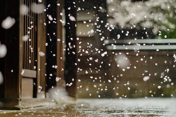 Peaceful springtime moment with slow motion falling sakura petals