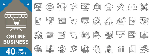 Online business icons set. Digital marketing, e-commerce, online store, SEO, web services, affiliate marketing, internet business line icons with editable stroke vector illustration.