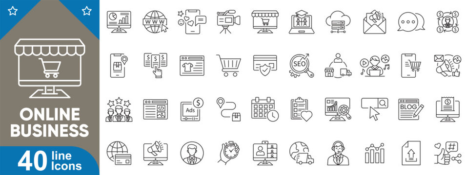 Online business icons set. Digital marketing, e-commerce, online store, SEO, web services, affiliate marketing, internet business line icons with editable stroke vector illustration. - Powered by Adobe