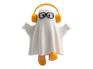 Friendly ghost wearing headphones and glasses dancing, On Transparent Background, Png